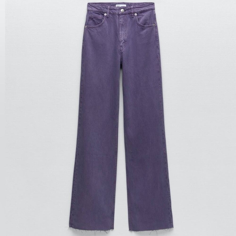 Zara Marine Straight Leg Frayed Hem Jeans In Purple - Picture 1 of 7